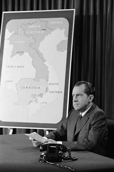 Framed Print : President Nixon Seated by Map of Cambodia Framed Print : President Nixon Seated by Map of Cambodia