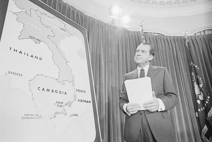 Framed Print : President Nixon Standing at Map of Cambodia Framed Print : President Nixon Standing at Map of Cambodia