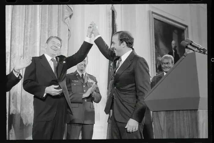 Framed Print : President Reagan Clasping Hands with Charles Modica Framed Print : President Reagan Clasping Hands with Charles Modica