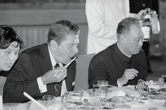 Framed Print : President Reagan Eating with Chopsticks Framed Print : President Reagan Eating with Chopsticks