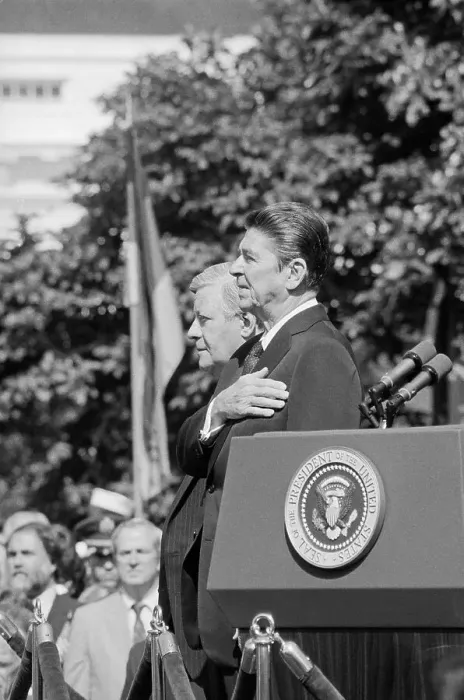 Framed Print : President Reagan and Helmut Schmidt Standing at Attention Framed Print : President Reagan and Helmut Schmidt Standing at Attention