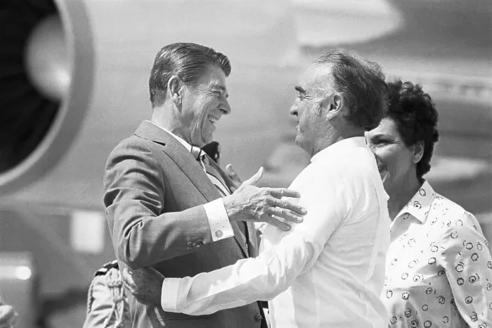 Framed Print : President Reagan Hugs President Portillo Framed Print : President Reagan Hugs President Portillo