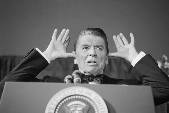 Framed Print : President Reagan Making Off the Record Face at the Press Framed Print : President Reagan Making Off the Record Face at the Press