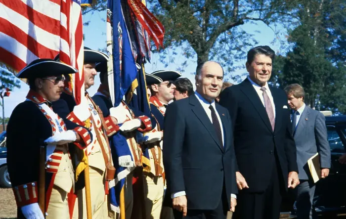 Framed Print : President Reagan an Mitterrand with Revolutionary Guards Framed Print : President Reagan an Mitterrand with Revolutionary Guards