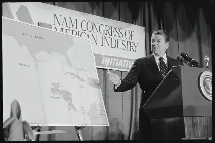 Framed Print : President Reagan Pointing to Map Framed Print : President Reagan Pointing to Map