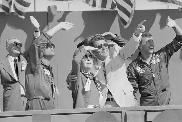 Framed Print : President Reagan Pointing to Space Shuttle Framed Print : President Reagan Pointing to Space Shuttle