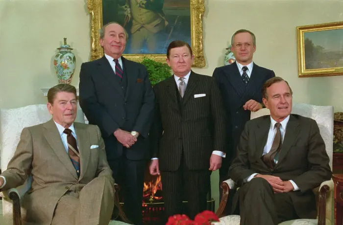 Framed Print : President Reagan Posing with Arms Negotiators Framed Print : President Reagan Posing with Arms Negotiators