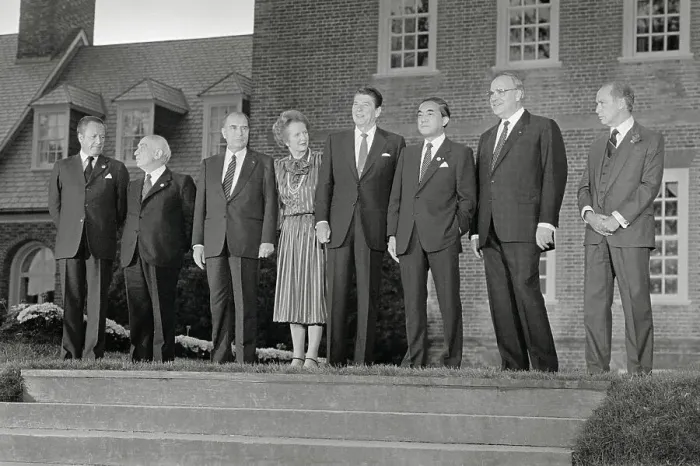 Framed Print : President Reagan Posing with World Leaders