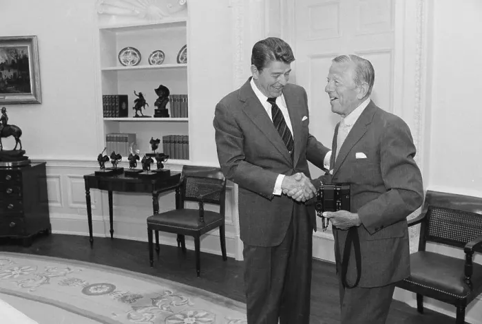 Framed Print : President Reagan Shaking Hands with Andrew May Framed Print : President Reagan Shaking Hands with Andrew May