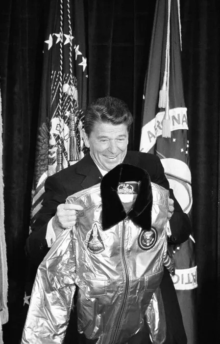 Framed Print : President Reagan Showing Flight Jacket Framed Print : President Reagan Showing Flight Jacket