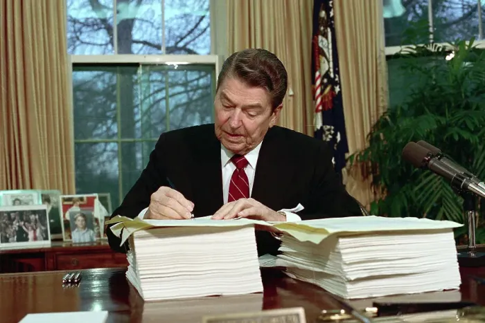 Framed Print : President Reagan Signing Tax Cut Bill Framed Print : President Reagan Signing Tax Cut Bill