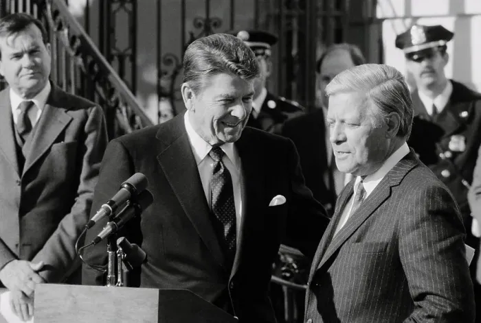 Framed Print : President Reagan Speaking to Helmut Schmidt Framed Print : President Reagan Speaking to Helmut Schmidt