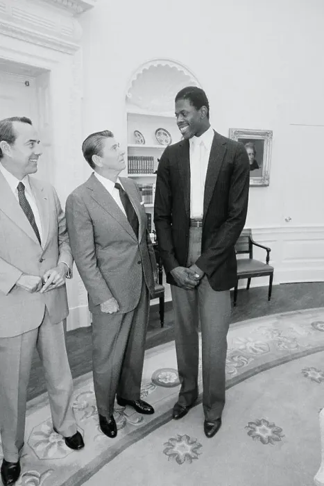 Framed Print : President Reagan Speaking with Patrick Ewing