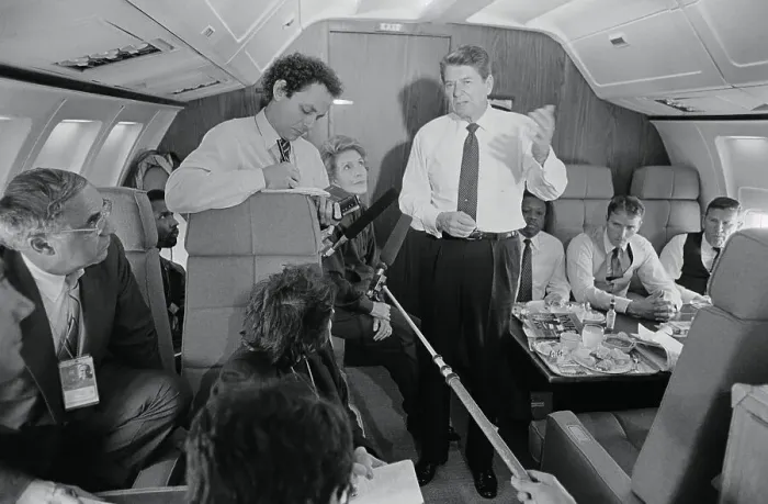 Framed Print : President Ronald Reagan Conversing with Press During Flight Framed Print : President Ronald Reagan Conversing with Press During Flight