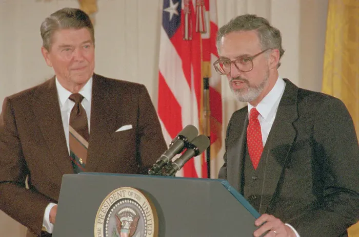 Framed Print : President Ronald Reagan and Judge Douglas Ginsburg at Podium