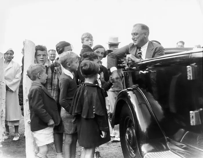 Framed Print : President Roosevelt in Car Greeted by Son Elliott Framed Print : President Roosevelt in Car Greeted by Son Elliott