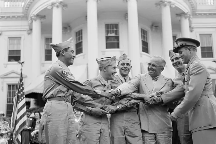 Framed Print : President Truman Congratulating 5 Servicemen Framed Print : President Truman Congratulating 5 Servicemen