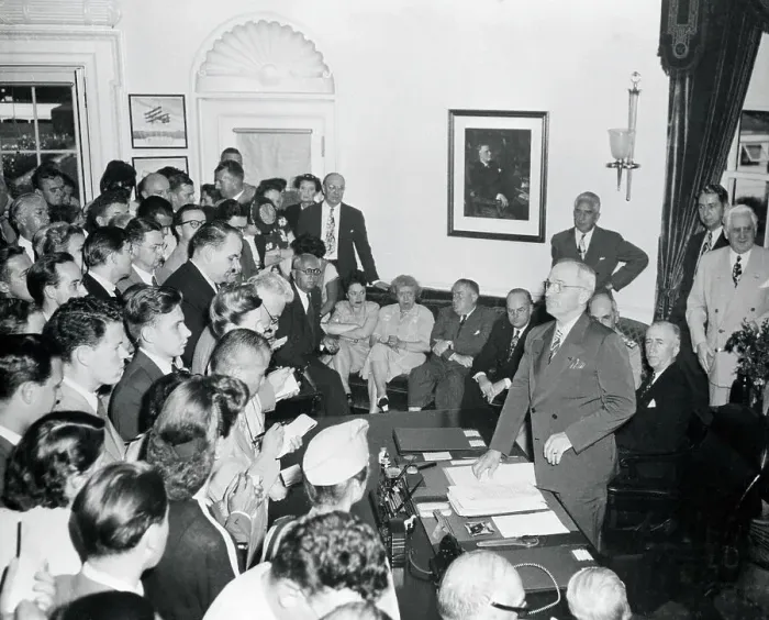 Framed Print : President Truman Speaking to Newsmen Framed Print : President Truman Speaking to Newsmen
