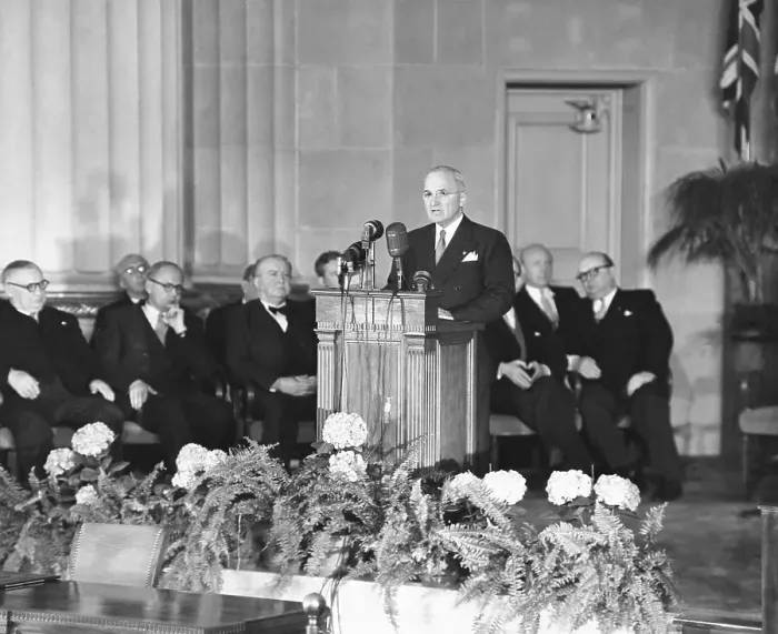 Framed Print : President Truman Speaks At Pact Signing Framed Print : President Truman Speaks At Pact Signing
