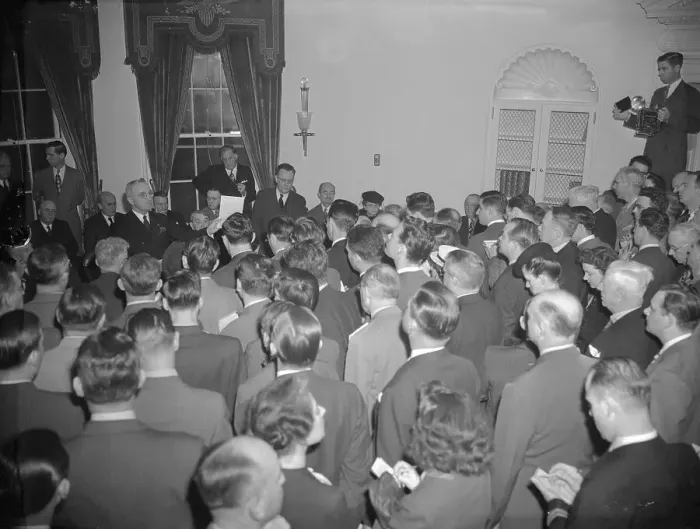 Framed Print : President Truman at VE Day Press Conference Framed Print : President Truman at VE Day Press Conference