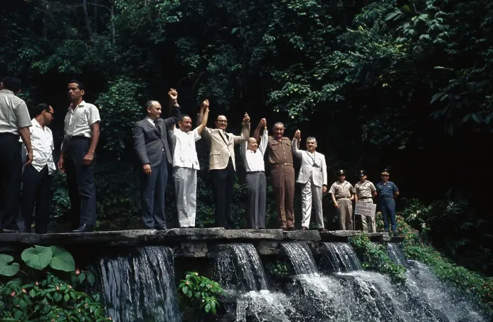 Framed Print : Presidents Posing on Top of Waterfall Framed Print : Presidents Posing on Top of Waterfall