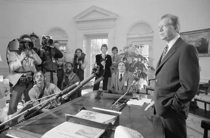 Framed Print : Presient Carter Speaking to Reporters Framed Print : Presient Carter Speaking to Reporters