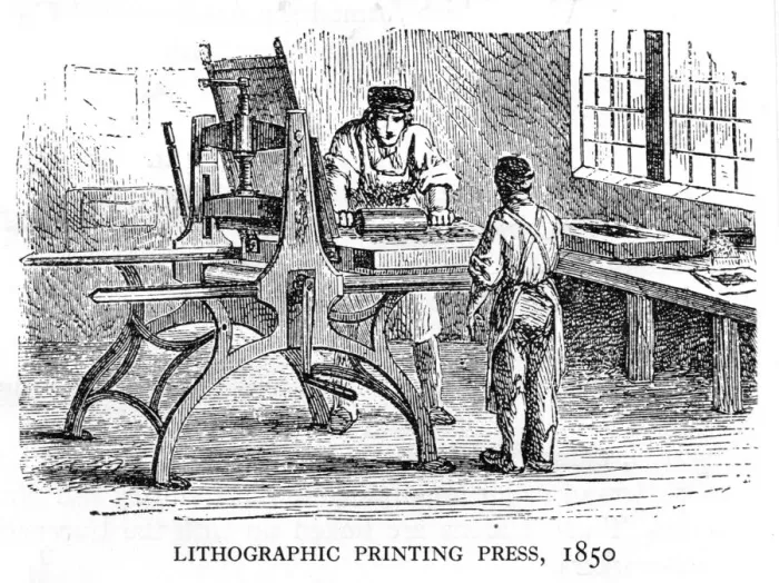 Framed Print : Press Men. circa 1850: Two men work at a lithographic printing press Framed Print : Press Men. circa 1850: Two men work at a lithographic printing press
