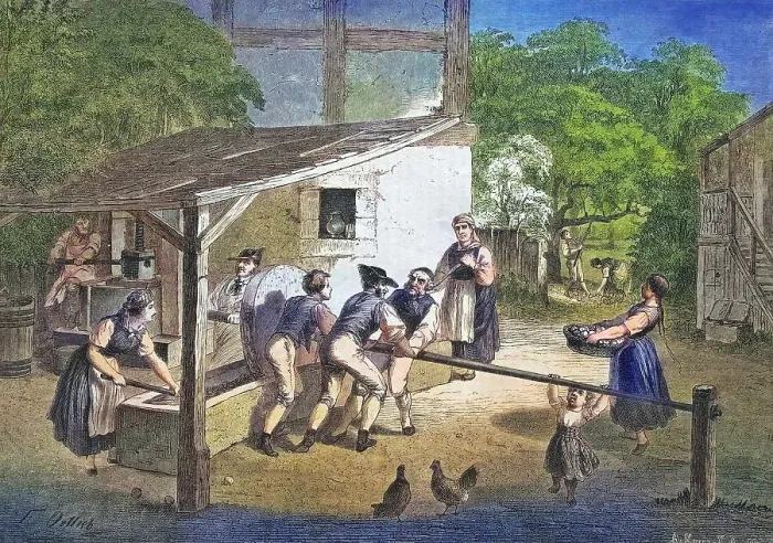 Framed Print : Pressing cider in Swabia, Germany, historical engraving, 1869, Historic, digitally restored reproduction from a 19th century original, coloured, exact date unknown Framed Print : Pressing cider in Swabia, Germany, historical engraving, 1869, Historic, digitally restored reproduction from a 19th century original, coloured, exact date unknown