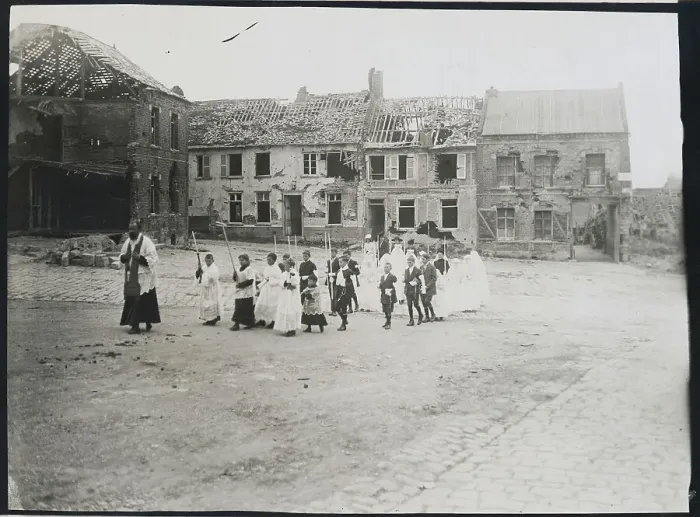Framed Print : Priest Leading Youngsters in Communion near War Torn Buildings Framed Print : Priest Leading Youngsters in Communion near War Torn Buildings