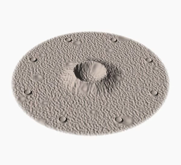 Primary crater surround by a ring of secondary craters, digital illustration