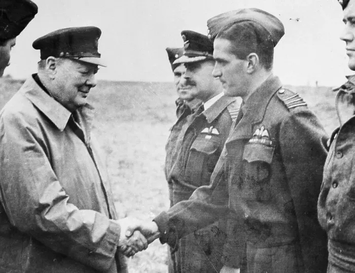 Framed Print : Prime Minister Churchill Greeting Johnny Johnson on Air Base Framed Print : Prime Minister Churchill Greeting Johnny Johnson on Air Base