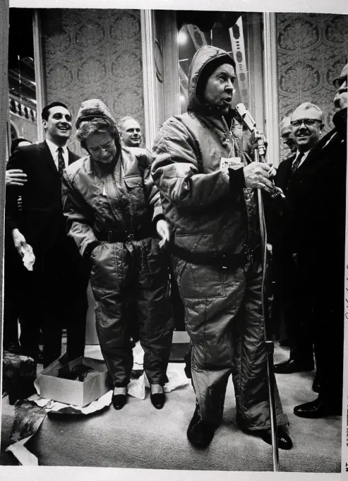 Framed Print : Prime Minister and Mrs. Lester Pearson in Snowsuits Framed Print : Prime Minister and Mrs. Lester Pearson in Snowsuits