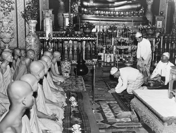 Framed Print : Prime Minister U Nu Paying Homage to Buddhist Priests Framed Print : Prime Minister U Nu Paying Homage to Buddhist Priests