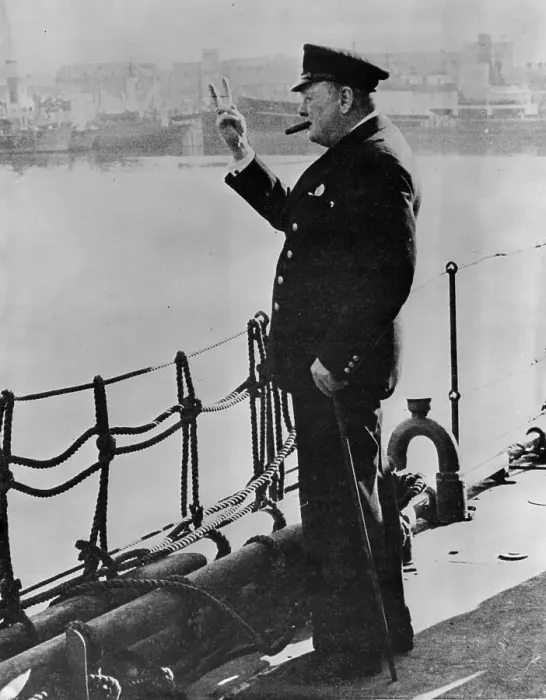 Framed Print : Prime Minister Winston Churchill Gesturing from Ship Framed Print : Prime Minister Winston Churchill Gesturing from Ship