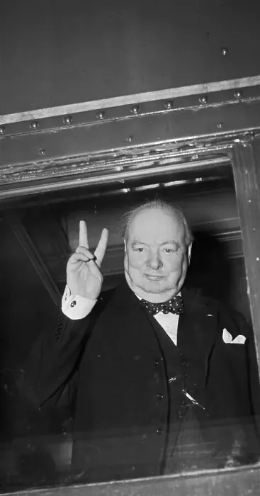 Framed Print : Prime Minister Winston Churchill Gesturing from Train Window Framed Print : Prime Minister Winston Churchill Gesturing from Train Window