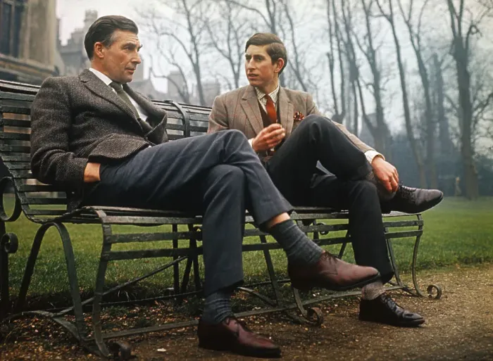 Framed Print : Prince Charles and Teacher Sitting on Bench Outside Framed Print : Prince Charles and Teacher Sitting on Bench Outside