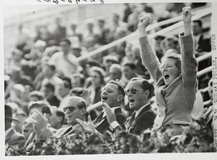 Framed Print : Princess Beatrix Jumping for Joy in Crowded Stadium