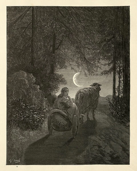 Princess in a cart pulled by a sheep, Peau d Ane, Fairytale