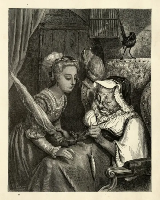 Framed Print : Princess finds an old woman spinning, Perraults Fairy Tales Framed Print : Princess finds an old woman spinning, Perraults Fairy Tales