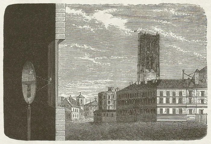 Framed Print : Principle of the camera obscura, wood engraving, published in 1877 Framed Print : Principle of the camera obscura, wood engraving, published in 1877