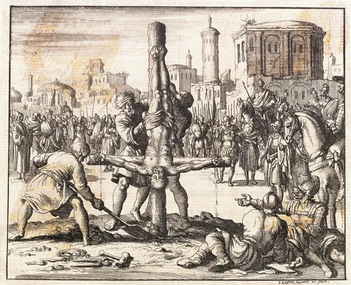 Framed Print : Print of the Crucifixion of St. Peter by Jan Luyken Framed Print : Print of the Crucifixion of St. Peter by Jan Luyken