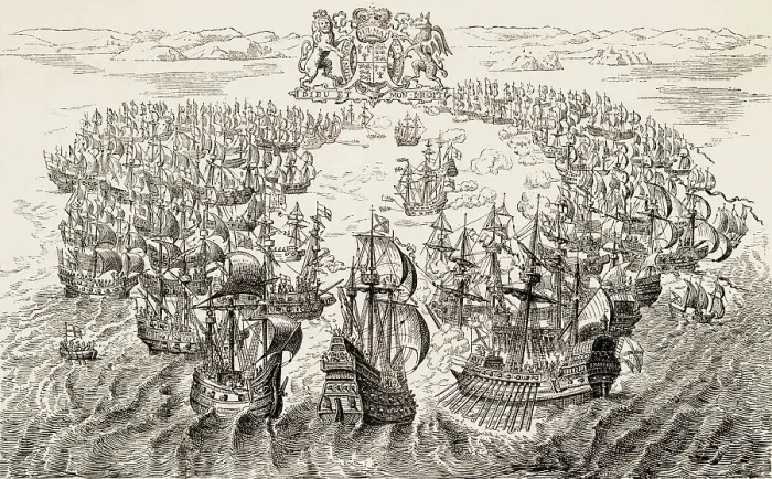 Framed Print : Print Depicting English and Spanish Fleets Fighting near the Isle of Wight Framed Print : Print Depicting English and Spanish Fleets Fighting near the Isle of Wight