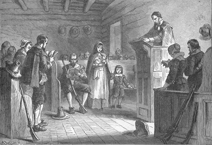 Framed Print : Print Depicting Public Worship at Plymouth by the Pilgrims Framed Print : Print Depicting Public Worship at Plymouth by the Pilgrims