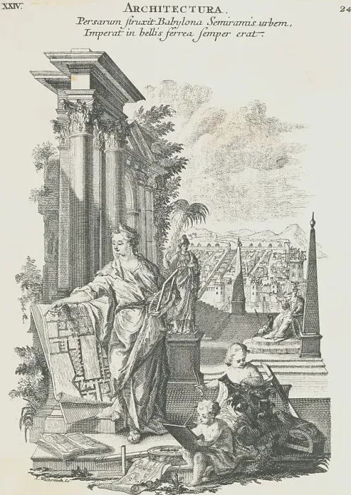 Framed Print : Print Depicting Semiramis with Blueprints