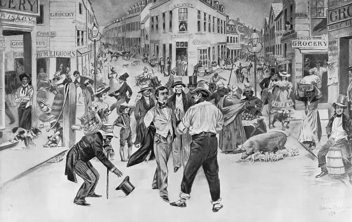 Framed Print : Print of an Encounter Between a Swell and a Bowery Boy in the Five Points Neighborhood Framed Print : Print of an Encounter Between a Swell and a Bowery Boy in the Five Points Neighborhood