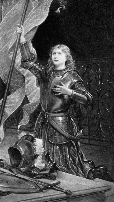 Framed Print : Print of Joan of Arc Kneeling with Flag Framed Print : Print of Joan of Arc Kneeling with Flag
