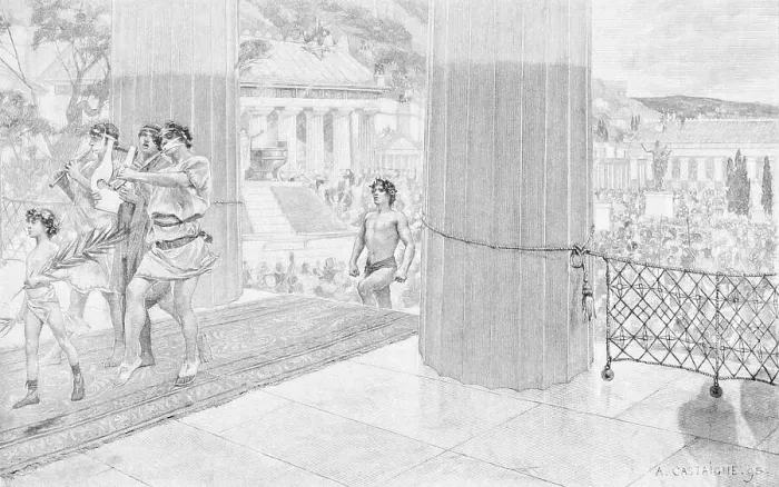 Framed Print : Print Showing a Victor of Ancient Olympic Games Entering the Temple of Zeus by Andre Castaigne Framed Print : Print Showing a Victor of Ancient Olympic Games Entering the Temple of Zeus by Andre Castaigne