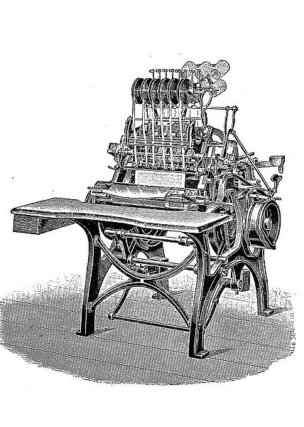 Printers, Patented thread book sewing machine by Maschinenfabrik Gebrueder Brehmer, Leipzig, Germany, digitally restored reproduction of an original from the 19th century