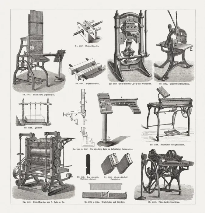 Framed Print : Printing equipment in the 19th century, wood engravings, published 1893 Framed Print : Printing equipment in the 19th century, wood engravings, published 1893