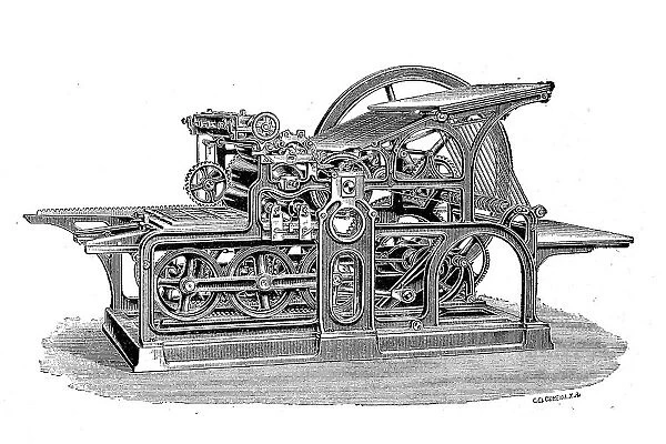 Printing technique, simple high-speed press with railway movement and cylindrical undercarriage, by Koenig und farmer, Oberzell Monastery near Wuerzburg, Germany, digitally restored reproduction of an original 19th century master